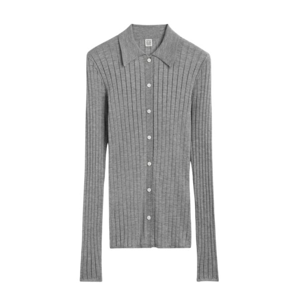 Totême Slim ribbed shirt in Grey melange - Knitwear - Scandinavian Minimalist Luxury at Coveti