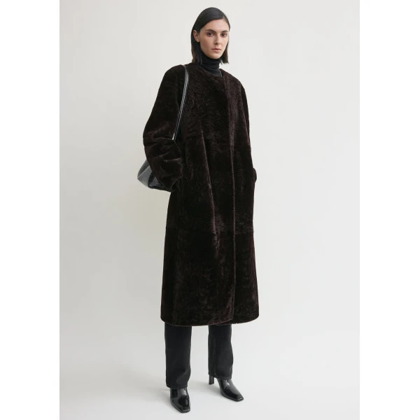 Totême Soft shearling coat in Bark - Coats - Scandinavian Minimalist Luxury at Coveti