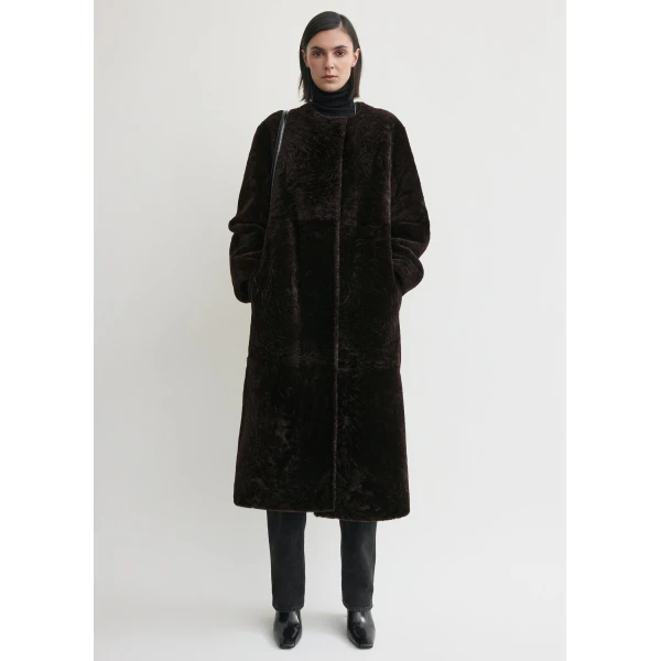 Totême Soft shearling coat in Bark - Coats - Scandinavian Minimalist Luxury at Coveti