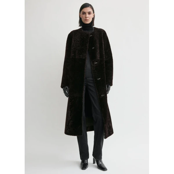 Totême Soft shearling coat in Bark - Coats - Scandinavian Minimalist Luxury at Coveti