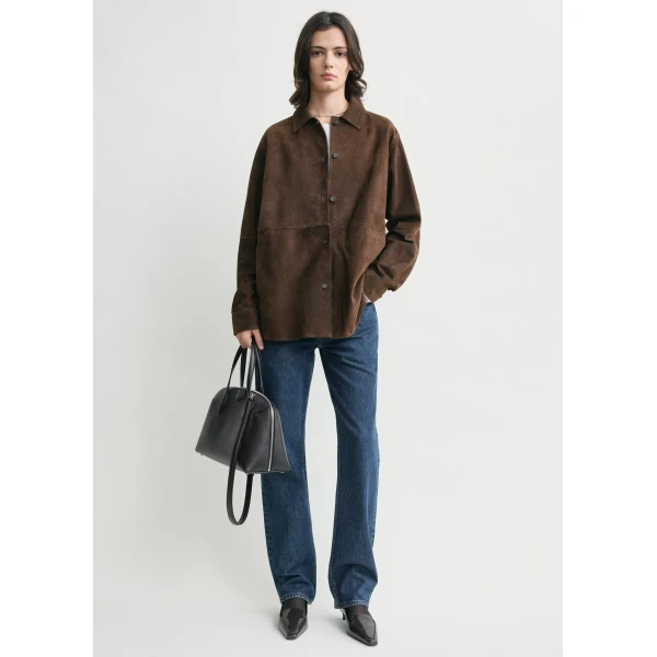 Totême Soft suede overshirt in Bark - Tops - Scandinavian Minimalist Luxury at Coveti