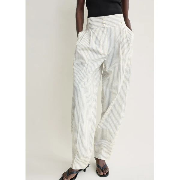 Totême Stripe balloon trousers in White / Cobalt - Pants - Scandinavian Minimalist Luxury at Coveti