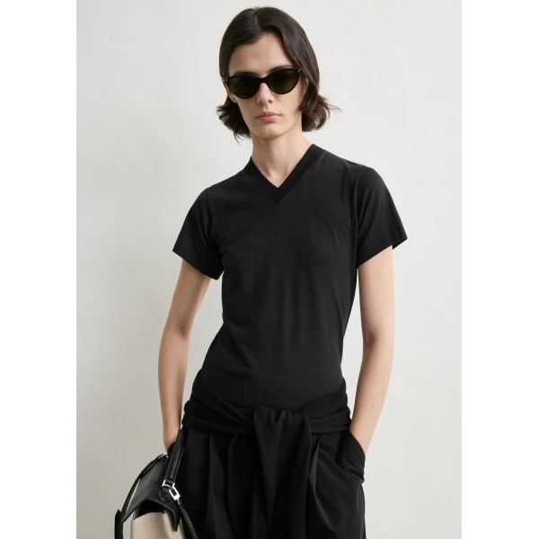 Totême Wide-ribbed v-neck tee in Black - Tops - Scandinavian Minimalist Luxury at Coveti