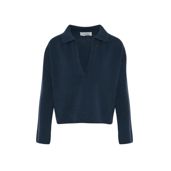 Yves Salomon V-neck Wool and Cashmere Sweater in Dark Blue