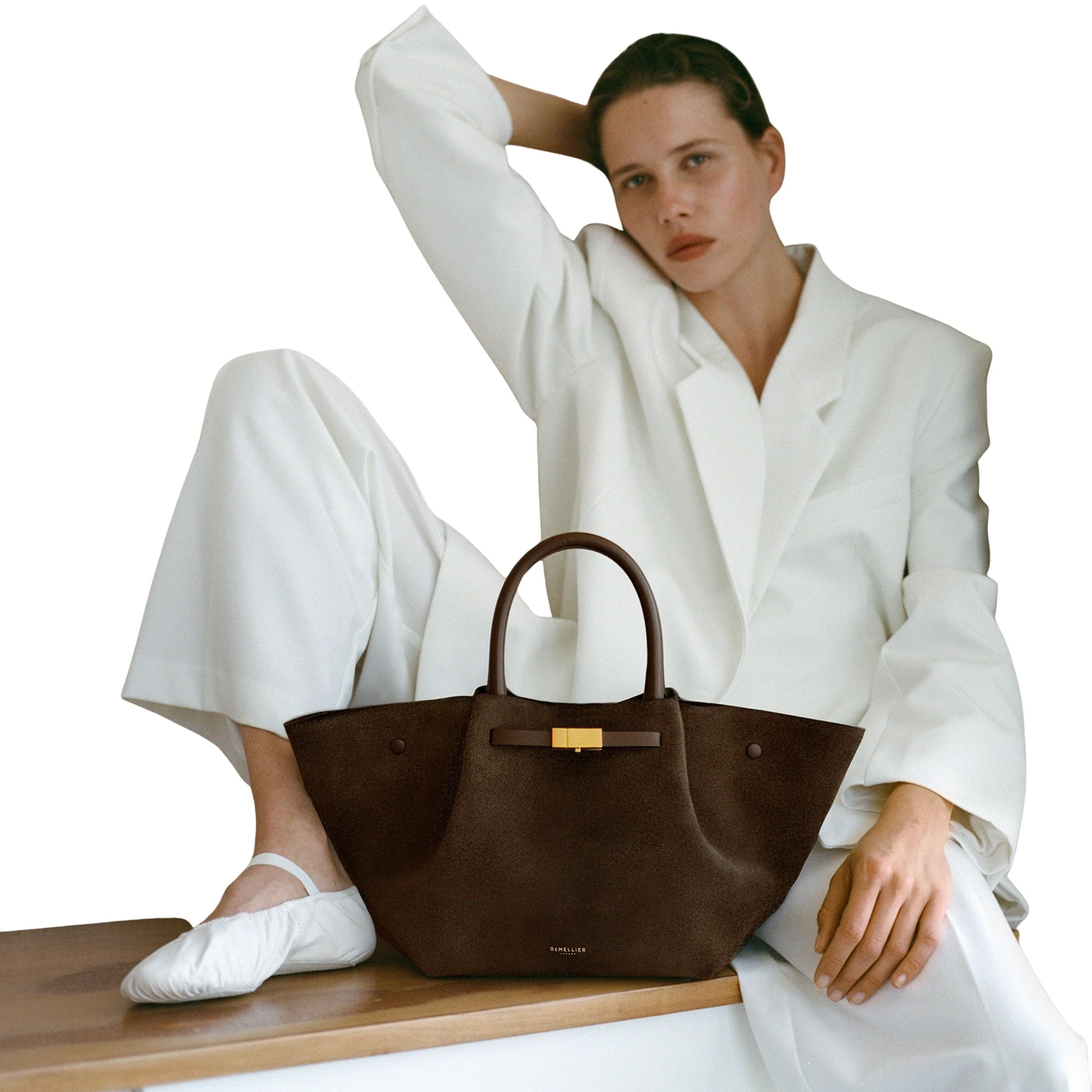 DeMellier The Midi New York structured leather shoulder bag in mocha suede and smooth leather
