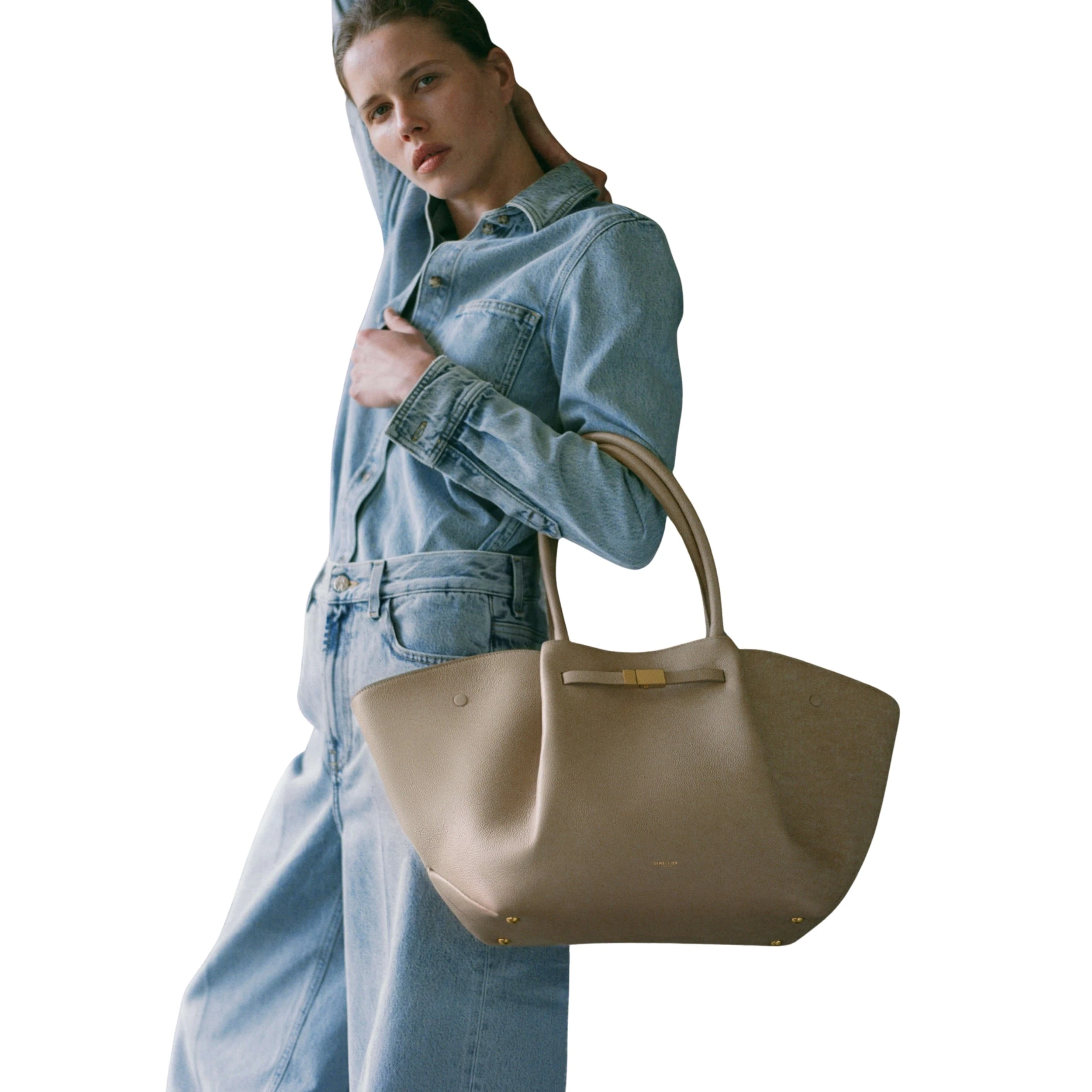 DeMellier The New York structured leather shoulder bag in light taupe, handcrafted in Europe