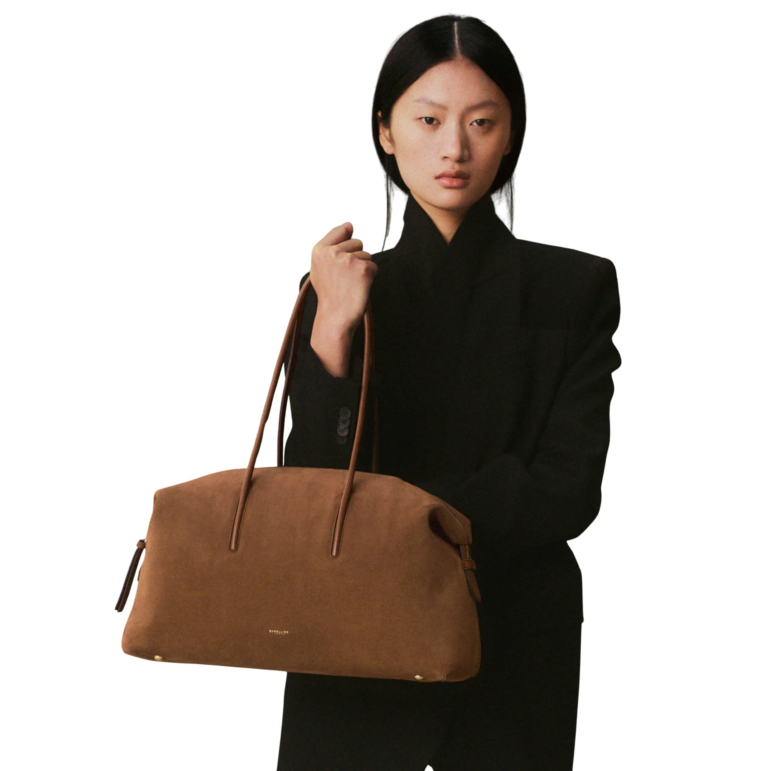 DeMellier The Stockholm shoulder bag in deep tan suede, handcrafted in Europe from gold-rated Italian leather