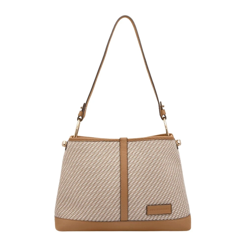 Strathberry Lana Hobo in caramel grain leather and natural twill, a soft shoulder bag designed in Scotland and handcrafted in Spain