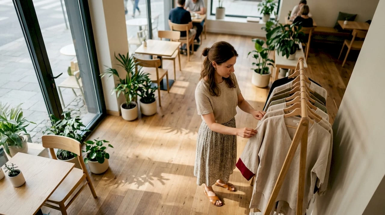 O femeie își alege haine realizate din materiale sustenabile într-un magazin de tip boutique, atentă la impactul asupra mediului și la calitatea produselor.