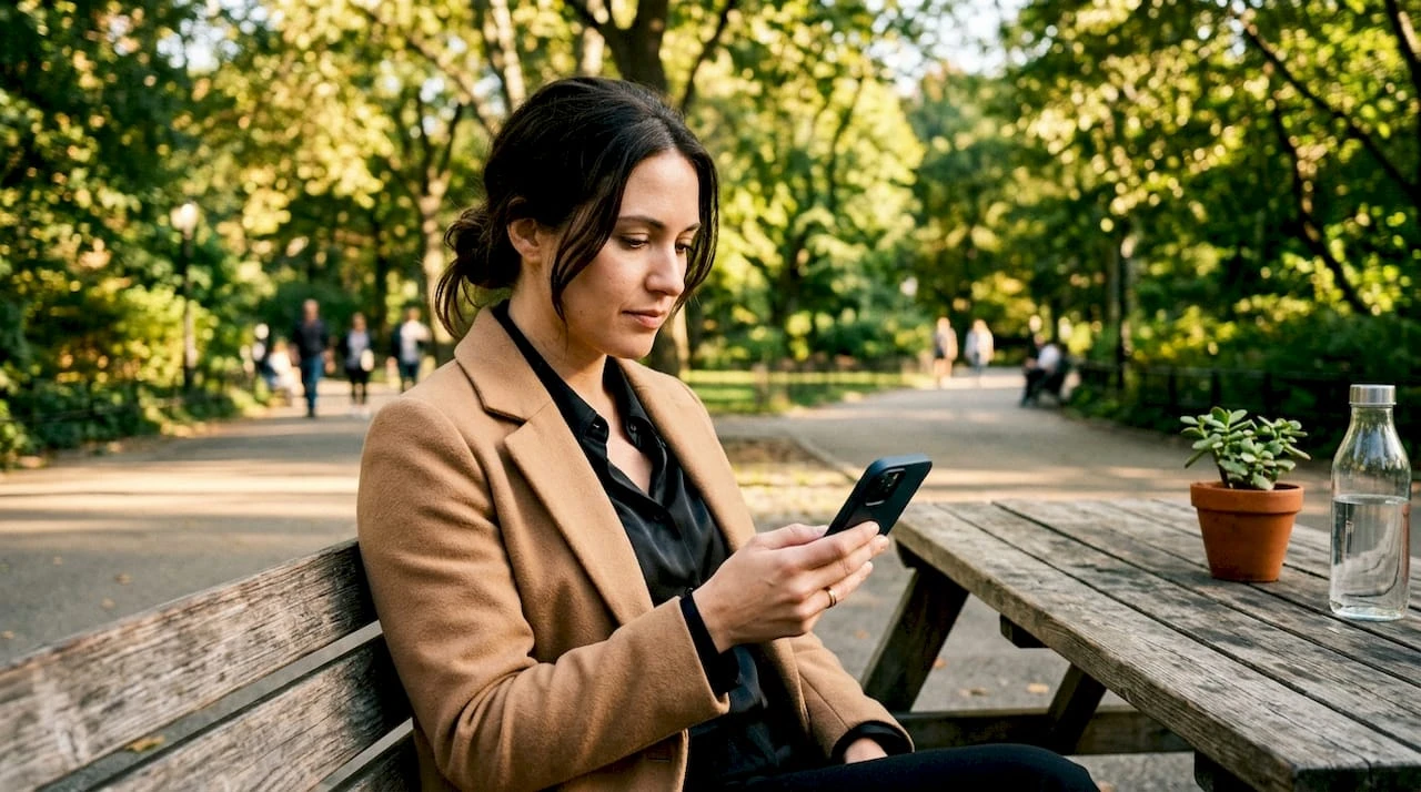Mujer consultando opiniones sobre marcas en su teléfono móvil