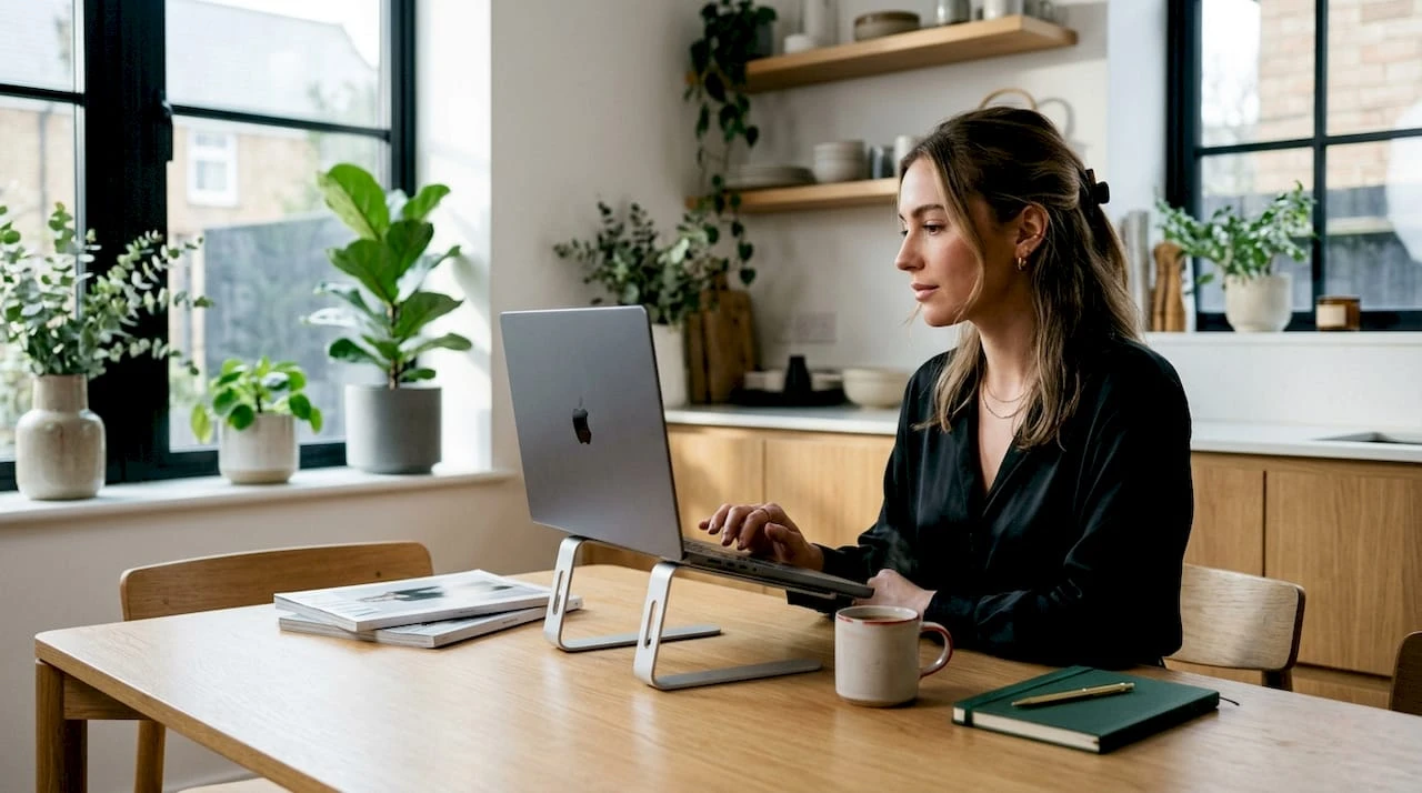 Een vrouw speurt op haar laptop naar de nieuwste mode in een online winkel.
