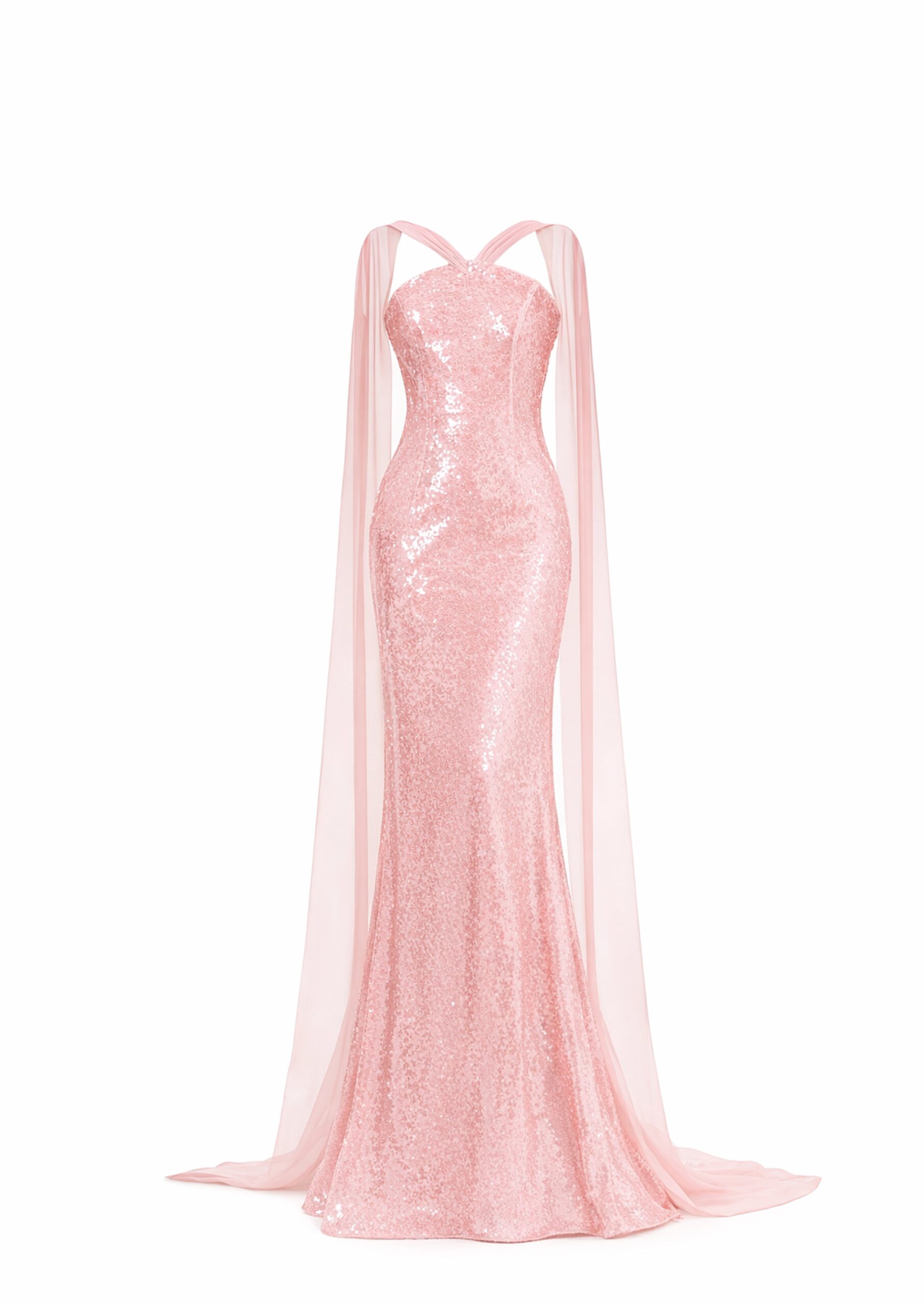 Avaro Figlio Embellished Gown With Ivory Cape Sleeves in Pink