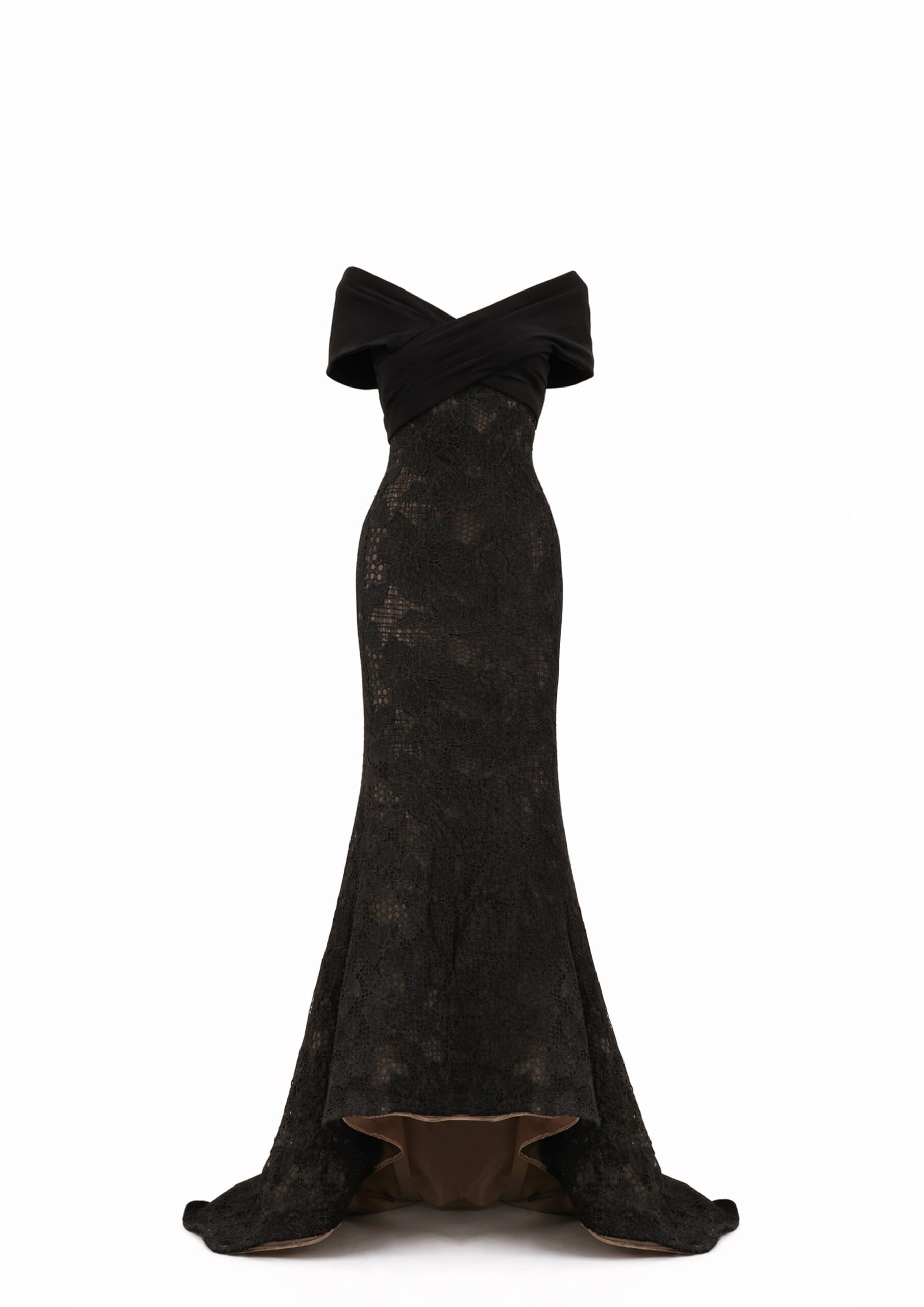 Avaro Figlio Off-Shoulder Lace Gown With Train in Black