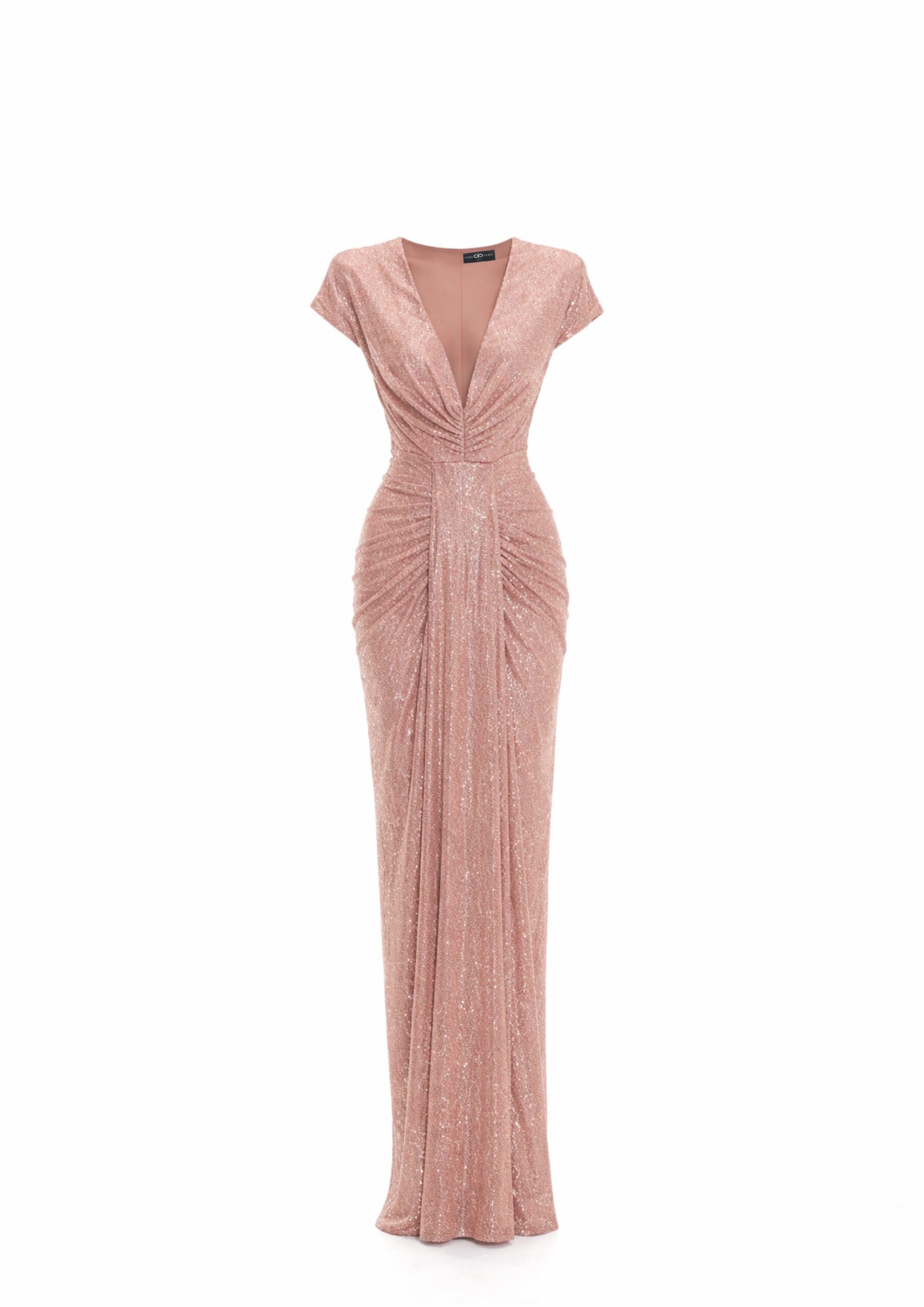 Avaro Figlio Sculpted Plunge Pleated Maxi Dress in Pink