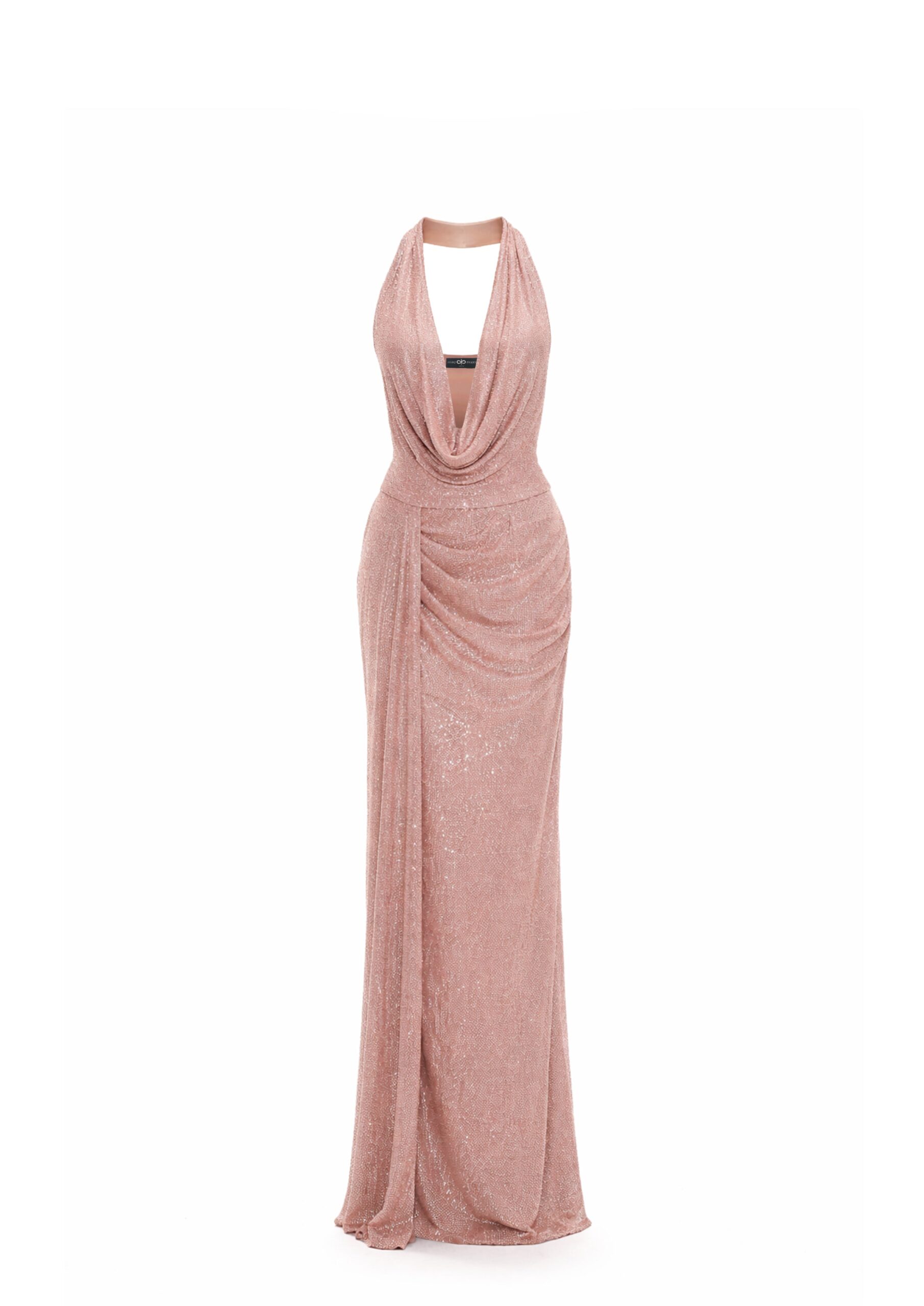 Avaro Figlio Cowl Neck Crystal Maxi Dress in Pink