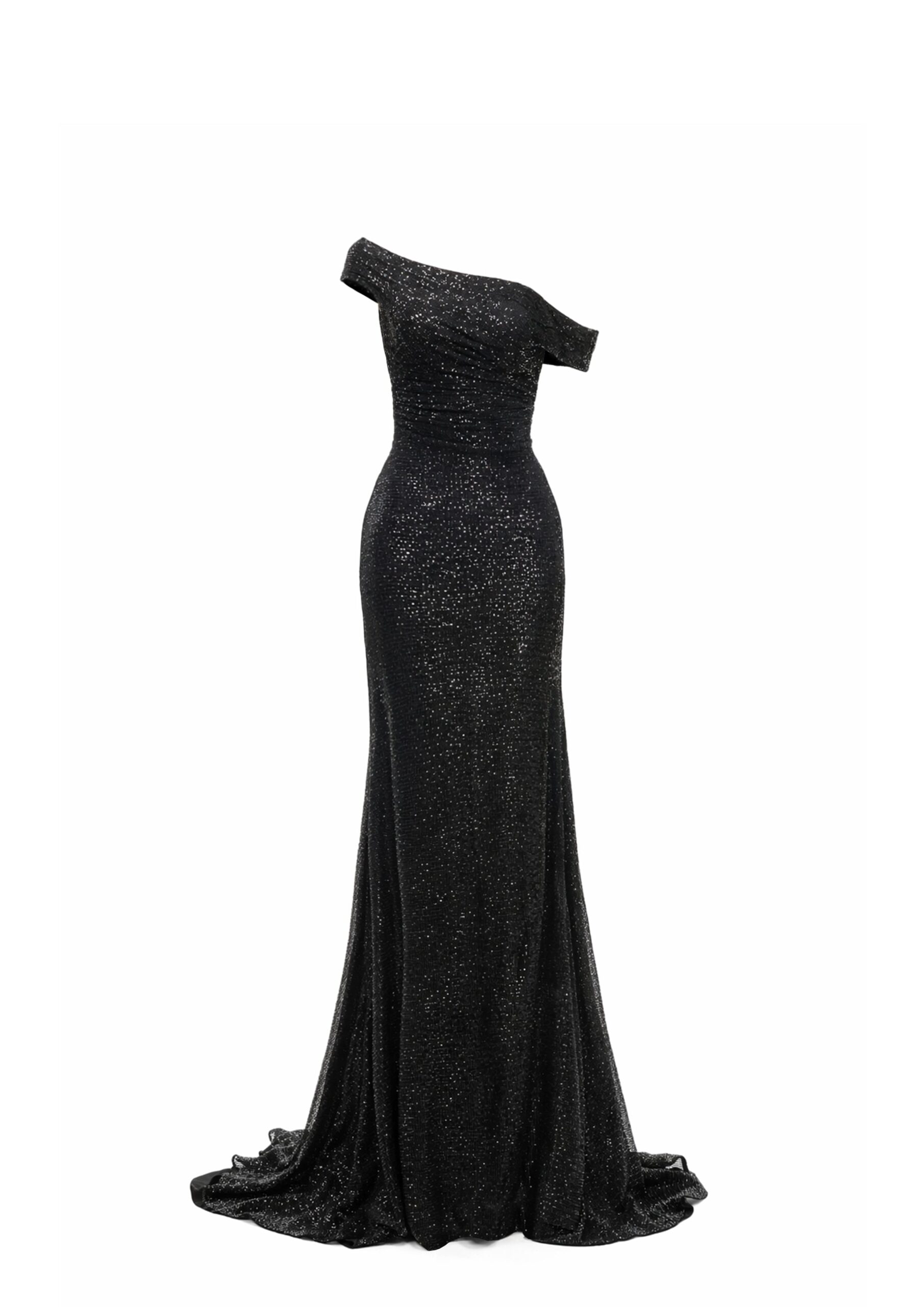 Avaro Figlio Crystal Draped Shoulder Maxi Dress in Black