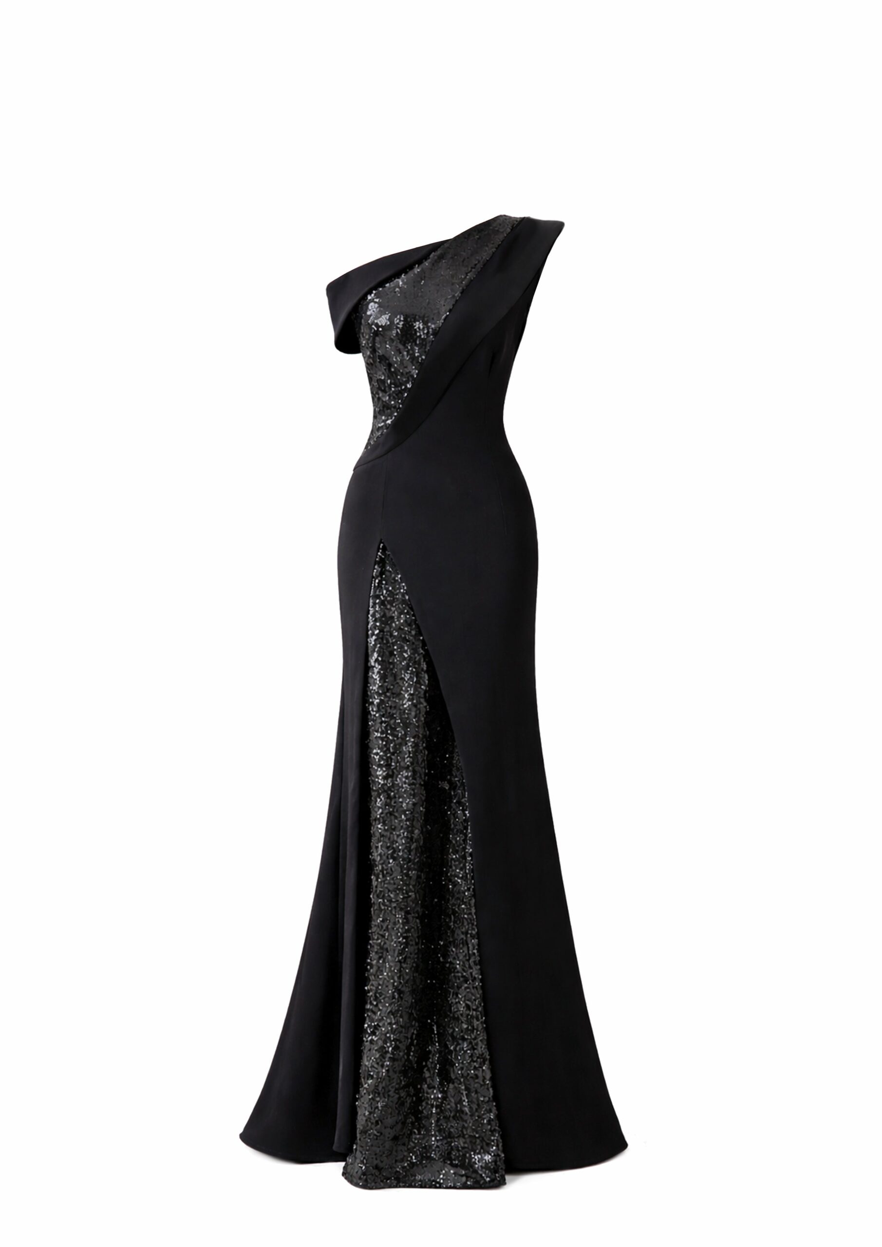 Avaro Figlio One-Shoulder Sequin Panel Gown in Black