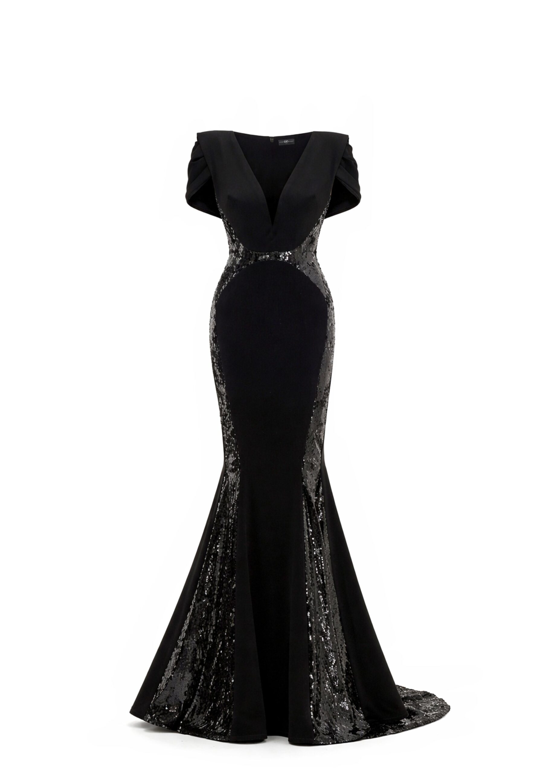 Avaro Figlio V-Neck Mermaid Gown With Sequin Inserts in Black