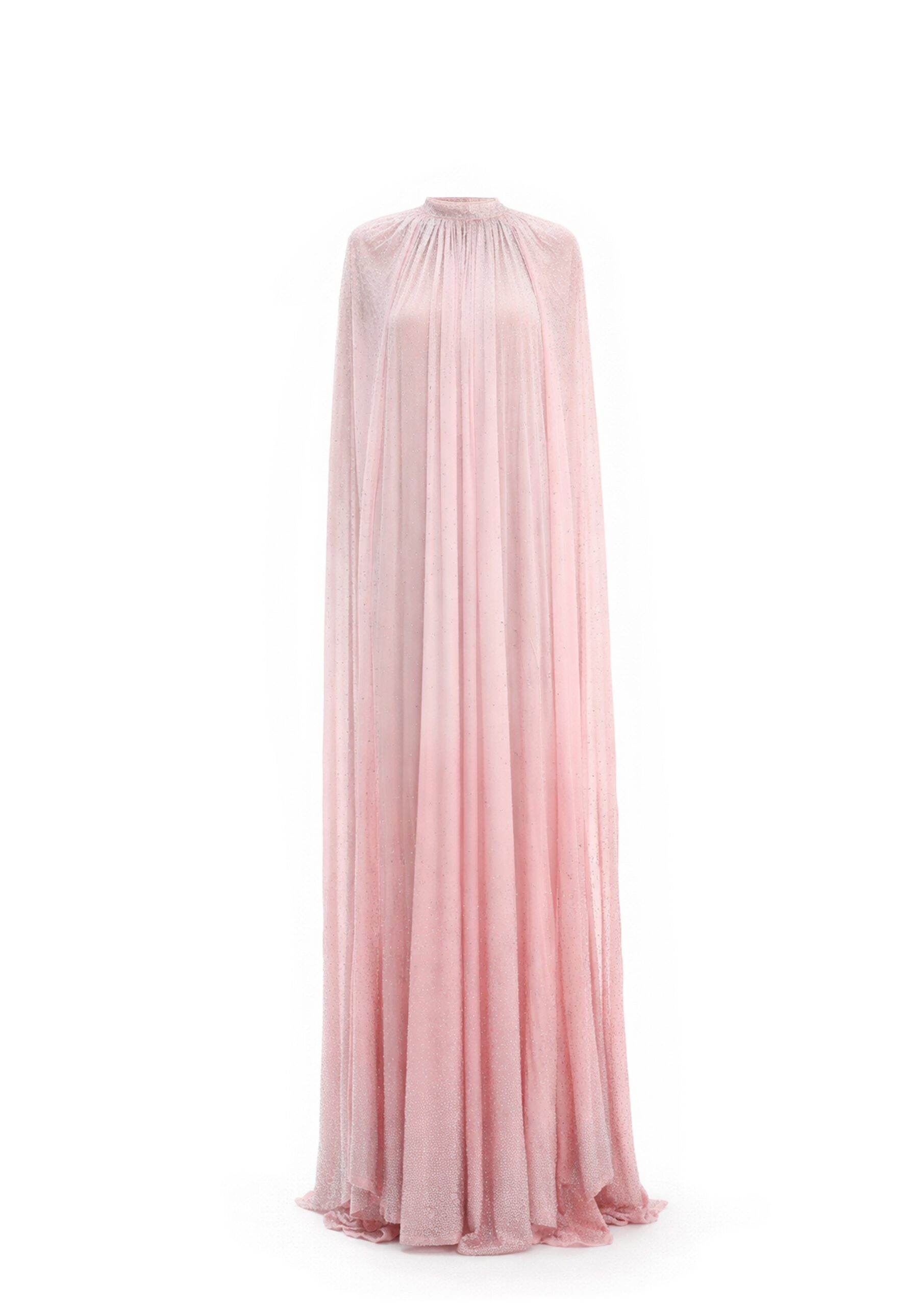 Avaro Figlio Crystal Maxi Gown With Cascade Sleeves in Pink