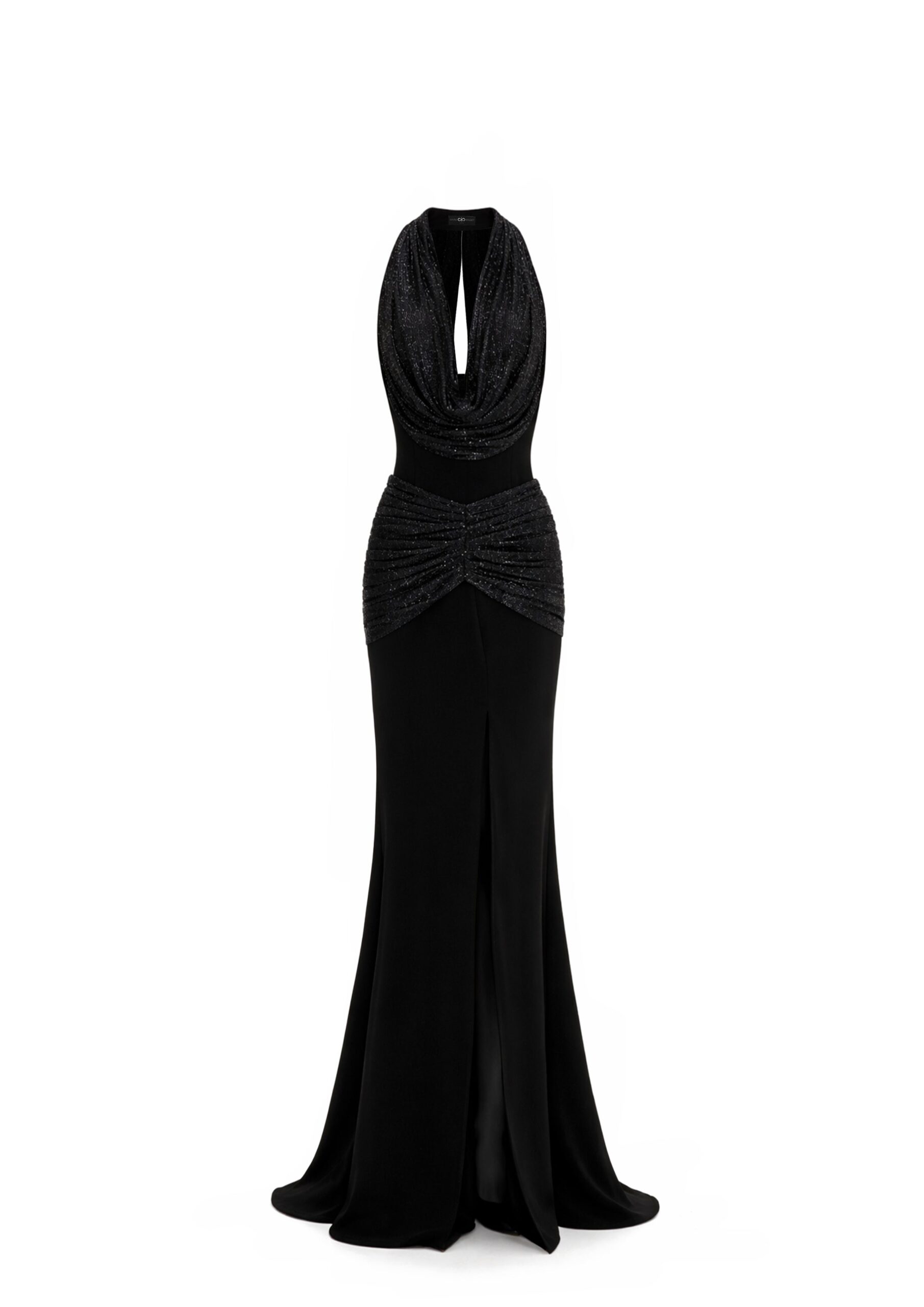 Avaro Figlio Sheer Crystal Cowl Neck Dress in Black