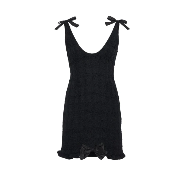 Check Tweed Bouclé Mini Dress with Bows in Black