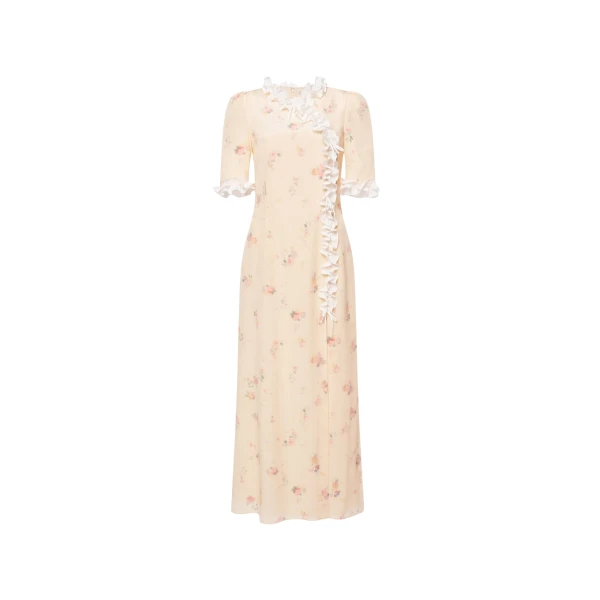 Floral-Print Silk Dress with Ruffles in Cream and Multi