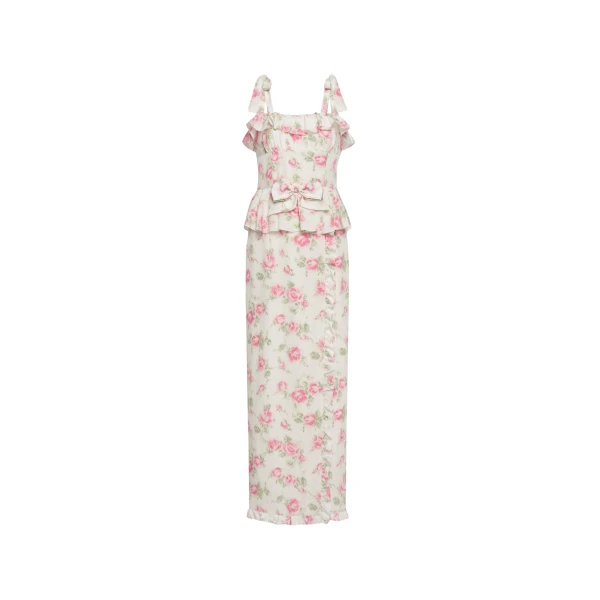 Floral-Print Silk Dress with Ruffles in Pink and White