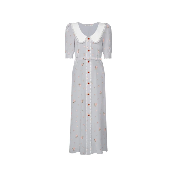 Floral-Print Silk Midi Dress in Pearl Grey and Pink
