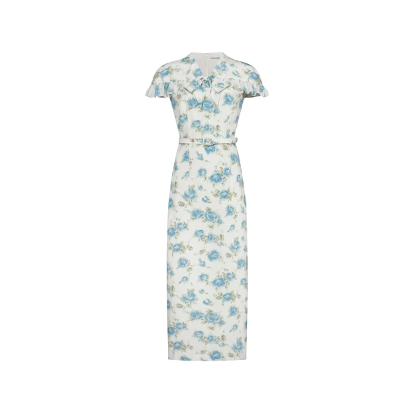 Floral-Print Silk Midi Dress in White and Multi