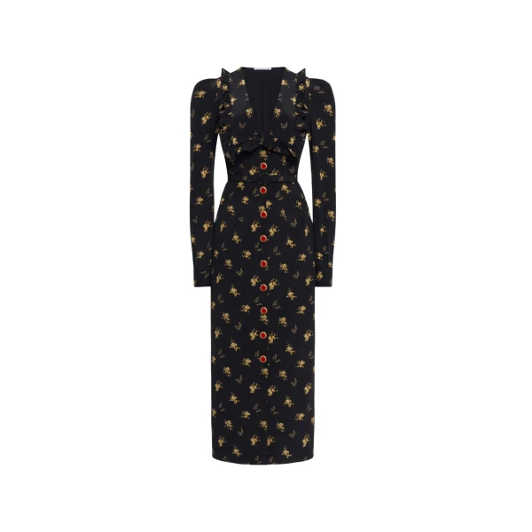 Floral-Print Silk Midi Dress with V-Neckline in Black and Yellow