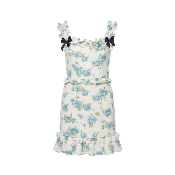 Floral-Print Silk Mini Dress with Ruffles in Light Blue and White