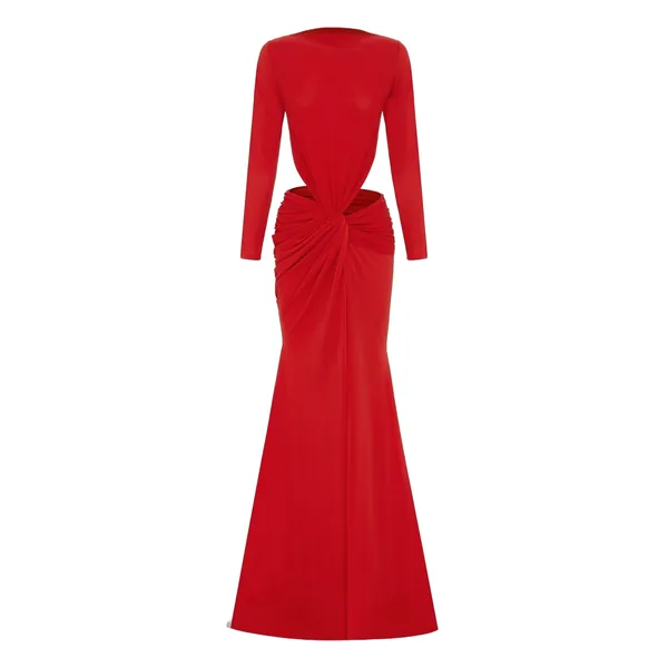 Long Sleeve Twist Gown in Crepe Jersey, Red