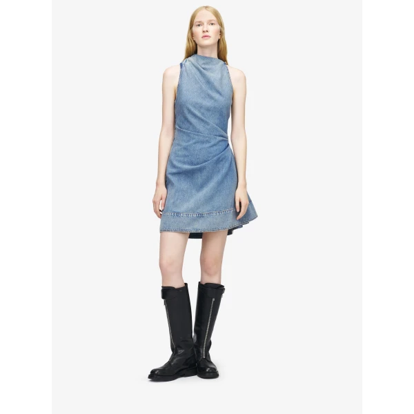 Alexander McQueen Denim Asymmetric Mini Dress in Washed Blue, view 2