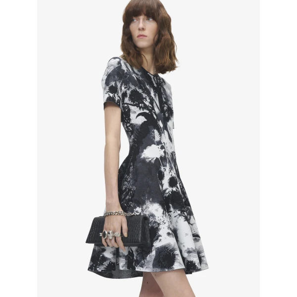 Alexander McQueen Floral Jacquard Mini Dress in Ivory/Black - Dresses - British Luxury Tailoring at Coveti