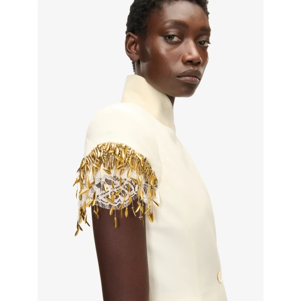 Alexander McQueen Gold Leaves and Crystal Embroidery Short-Sleeved Jacket - Jackets - British Luxury Tailoring at Coveti
