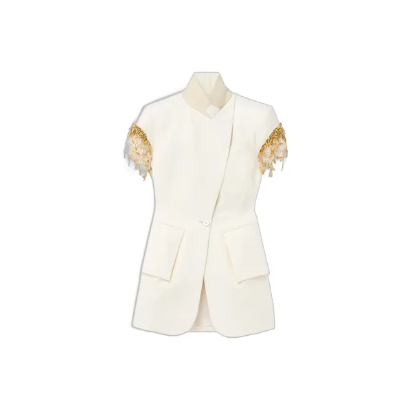 Gold Leaves and Crystal Embroidery Short-Sleeved Jacket