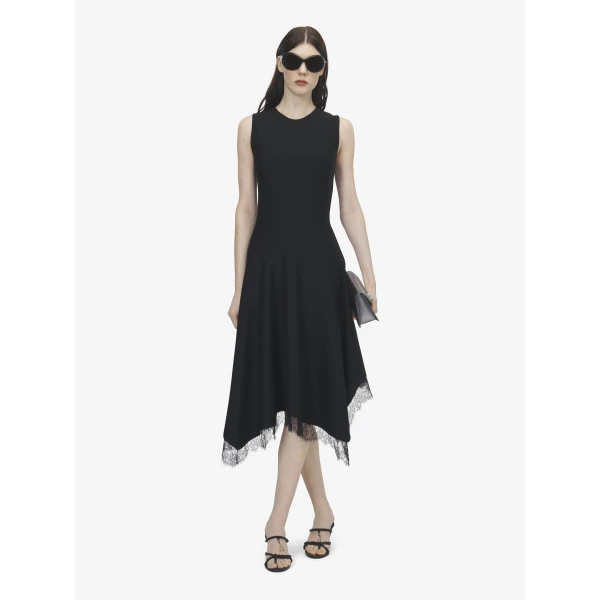 Alexander McQueen Lace Trim A-Line Dress in Black, view 2