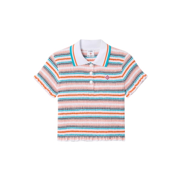 Casablanca striped shirred short sleeve polo shirt