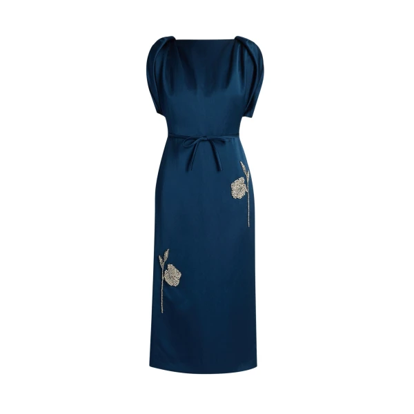 Embroidered Satin Short Sleeve Midi Dress