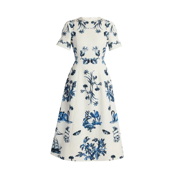 Floral Cotton Faille Short Sleeve Midi Dress