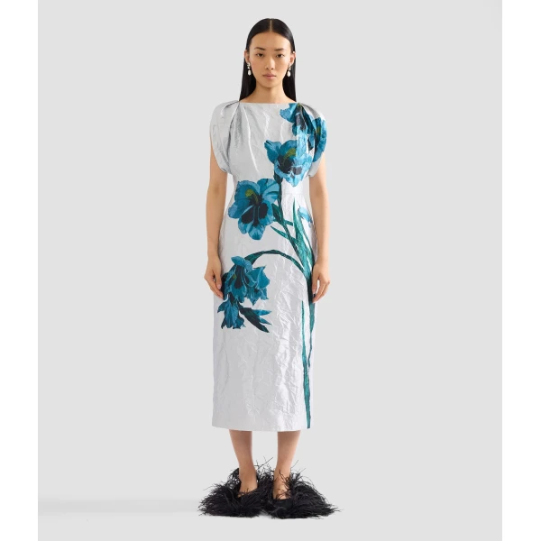 Erdem Floral Textured Satin Short Sleeve Midi Dress - Dresses - British Romantic Luxury at Coveti