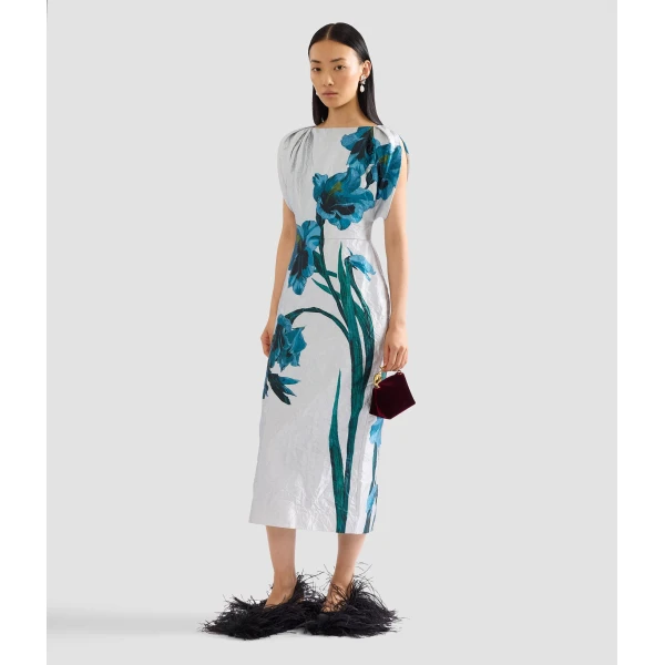 Erdem Floral Textured Satin Short Sleeve Midi Dress - Dresses - British Romantic Luxury at Coveti
