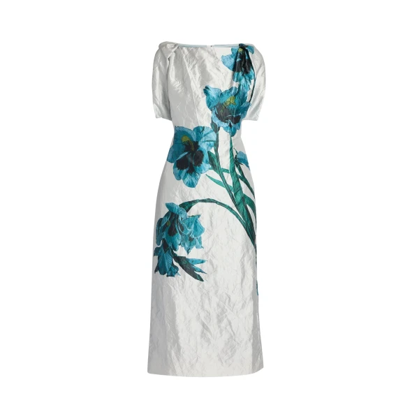 Erdem Floral Textured Satin Short Sleeve Midi Dress - Dresses - British Romantic Luxury at Coveti