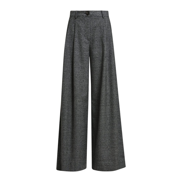 Black and grey checked wide-leg pants with twisted seam detail