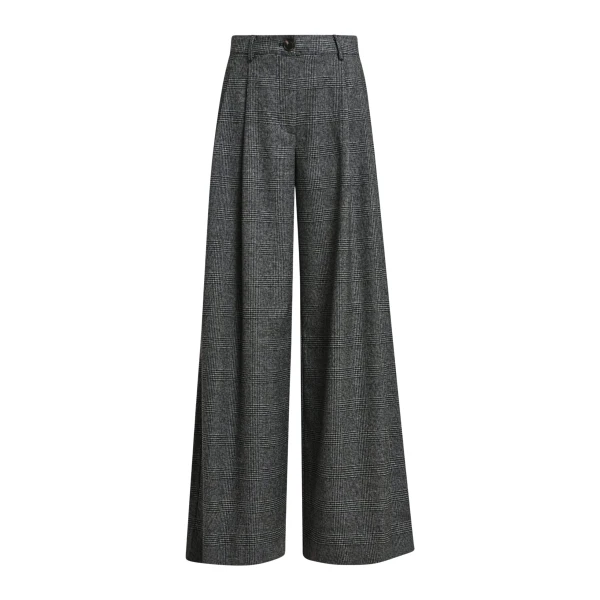 Black and grey checked wide-leg pants with twisted seam detail