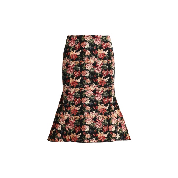 Black and multicolor floral jacquard mermaid midi skirt
