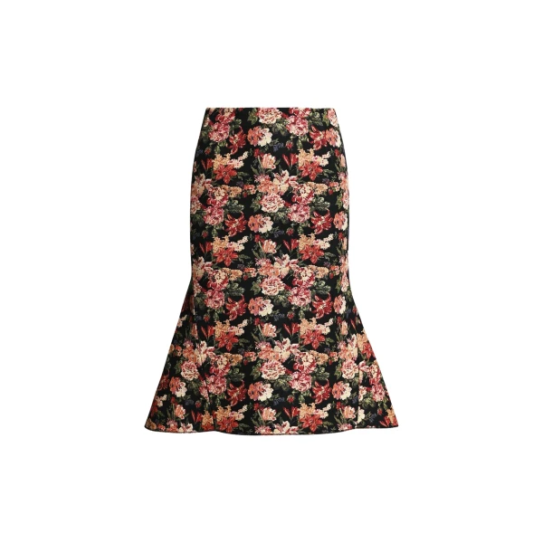 Black and multicolor floral jacquard mermaid midi skirt