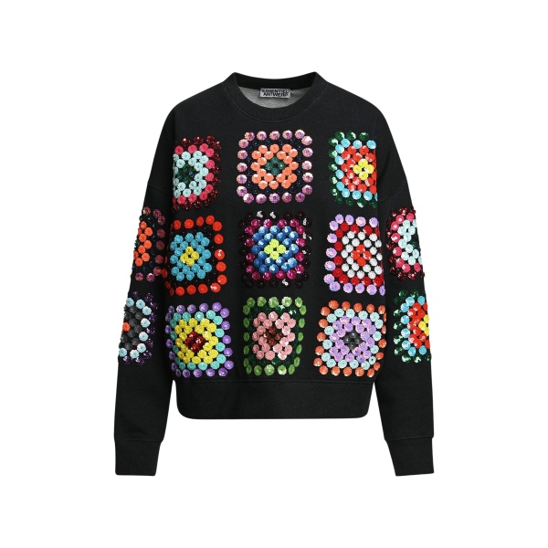 Black and multicolor geometric floral-embellished sweatshirt