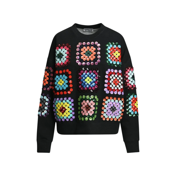 Black and multicolor geometric floral-embellished sweatshirt