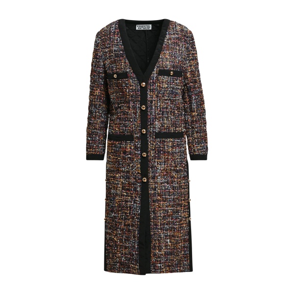 Black and multicolor quilted coat with patch pockets